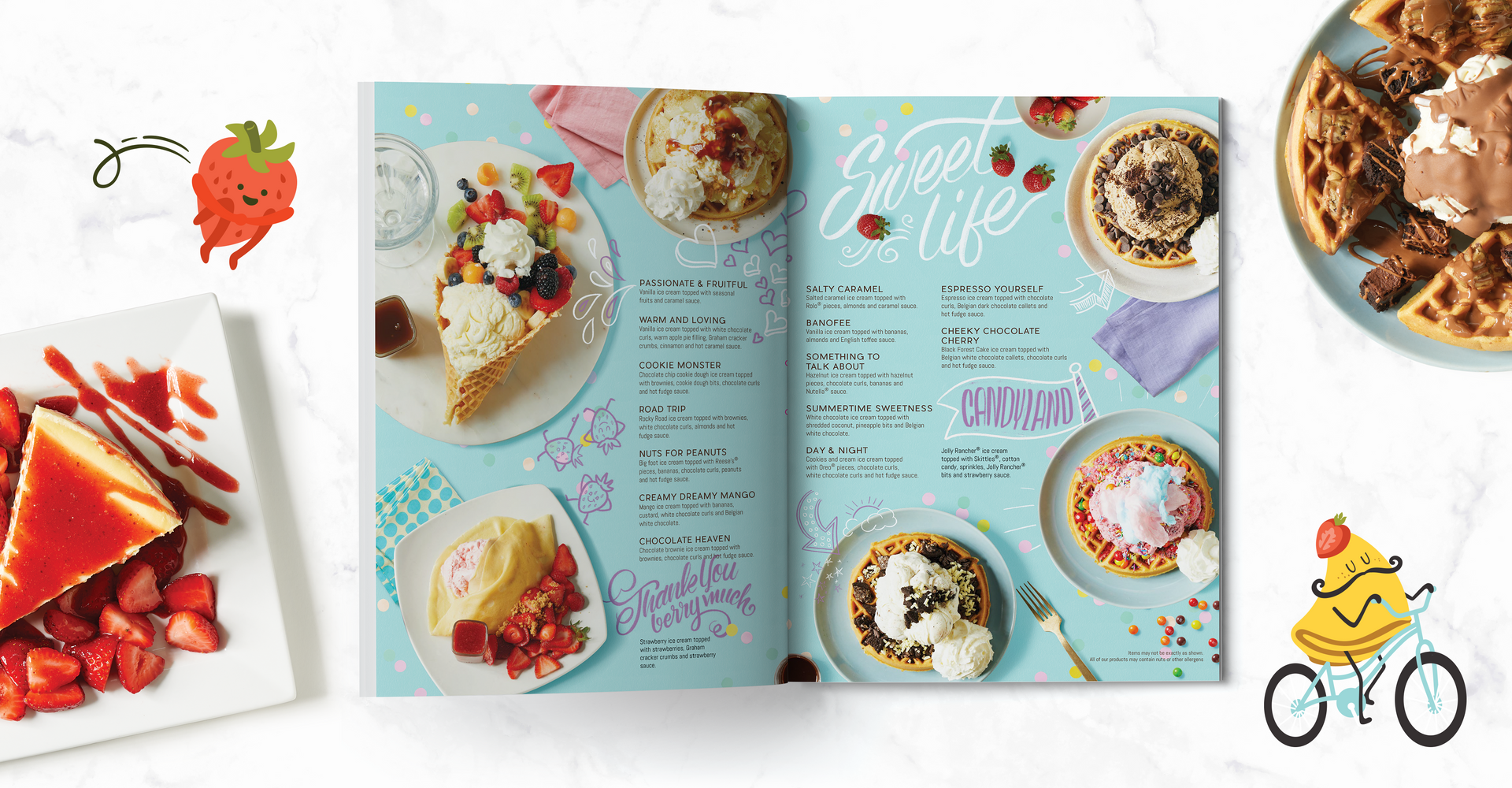 A book is open to a page with a bunch of desserts on it.