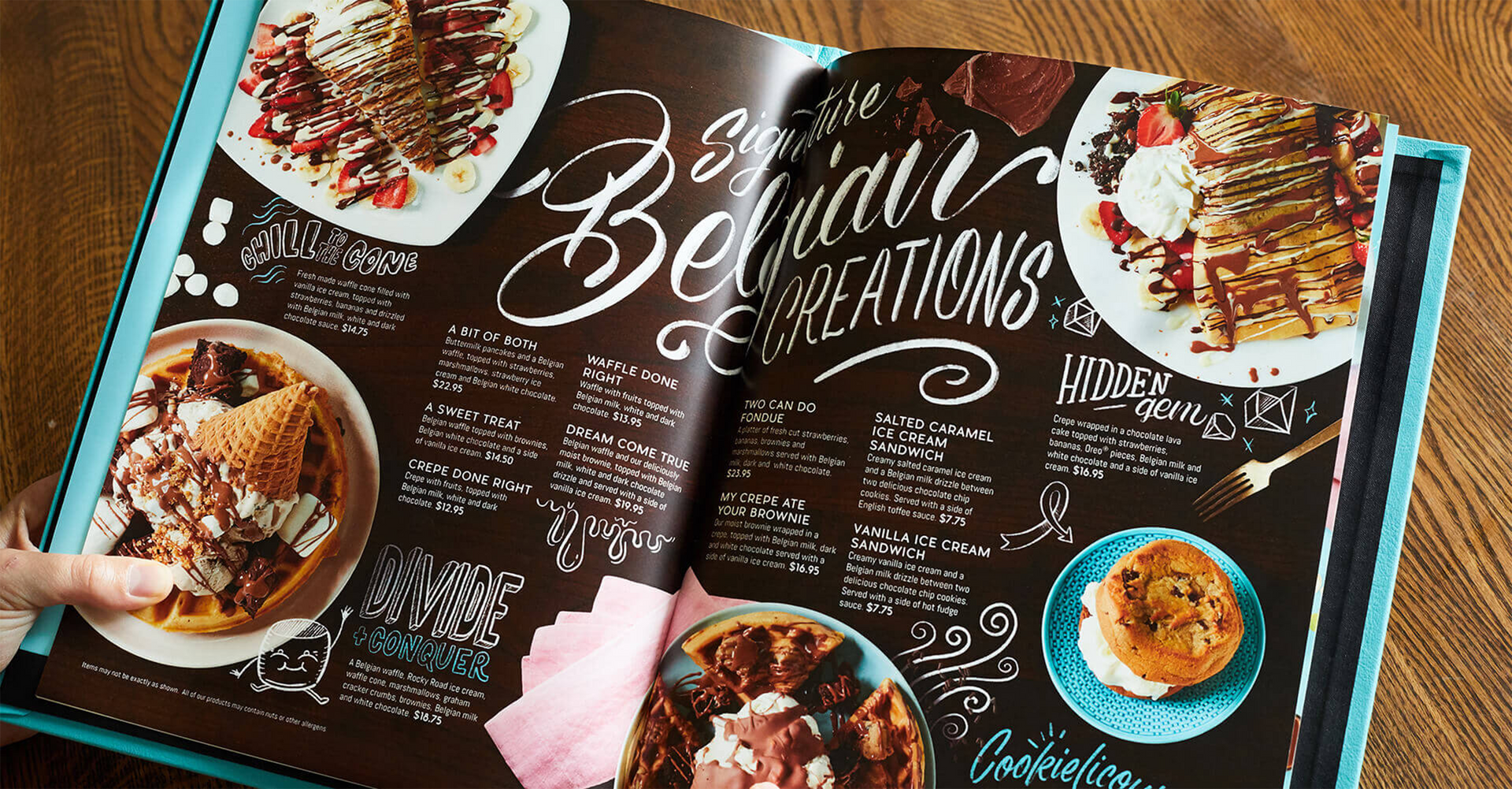 A book is open to a page that says belgian creations