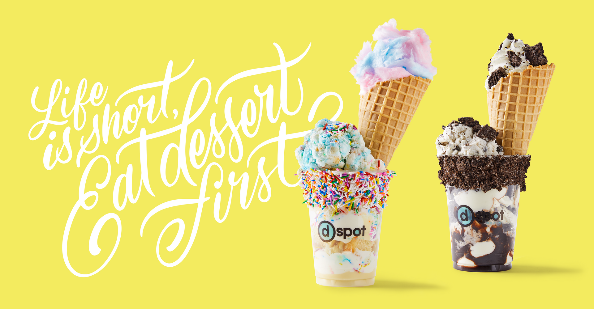 There are three cups of ice cream on a yellow background.