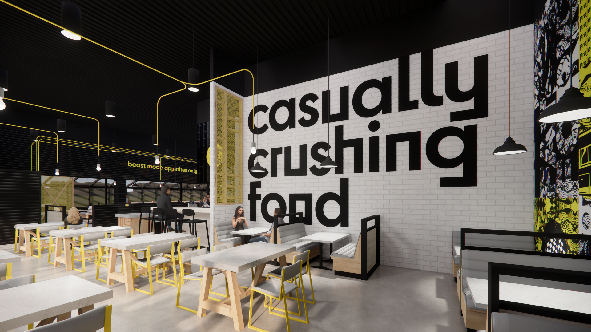 A restaurant with tables and chairs and a wall that says casually crushing food.