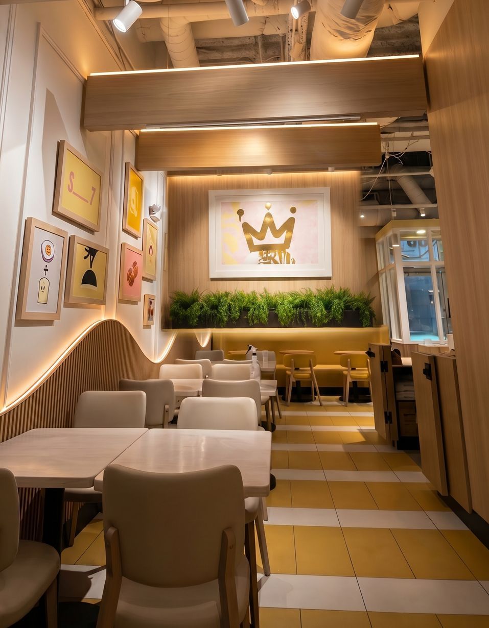 A restaurant with tables and stools and a red and white ceiling