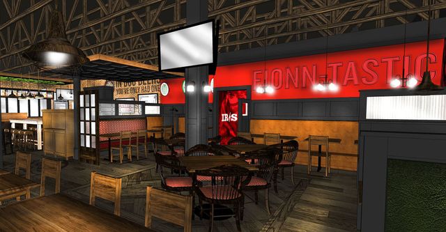 An artist 's impression of a restaurant with tables and chairs.