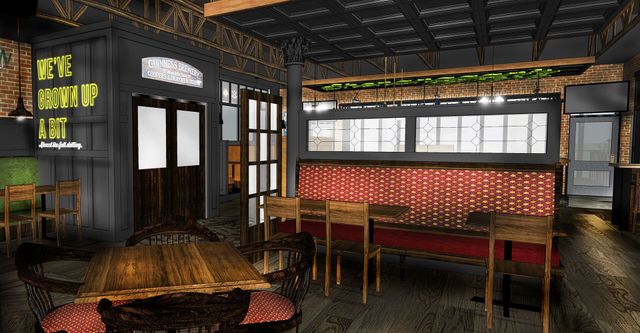 An artist 's impression of a restaurant with tables and chairs.