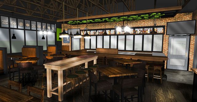 An artist 's impression of a restaurant with tables and chairs.