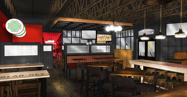 An artist 's impression of a restaurant with tables and chairs.