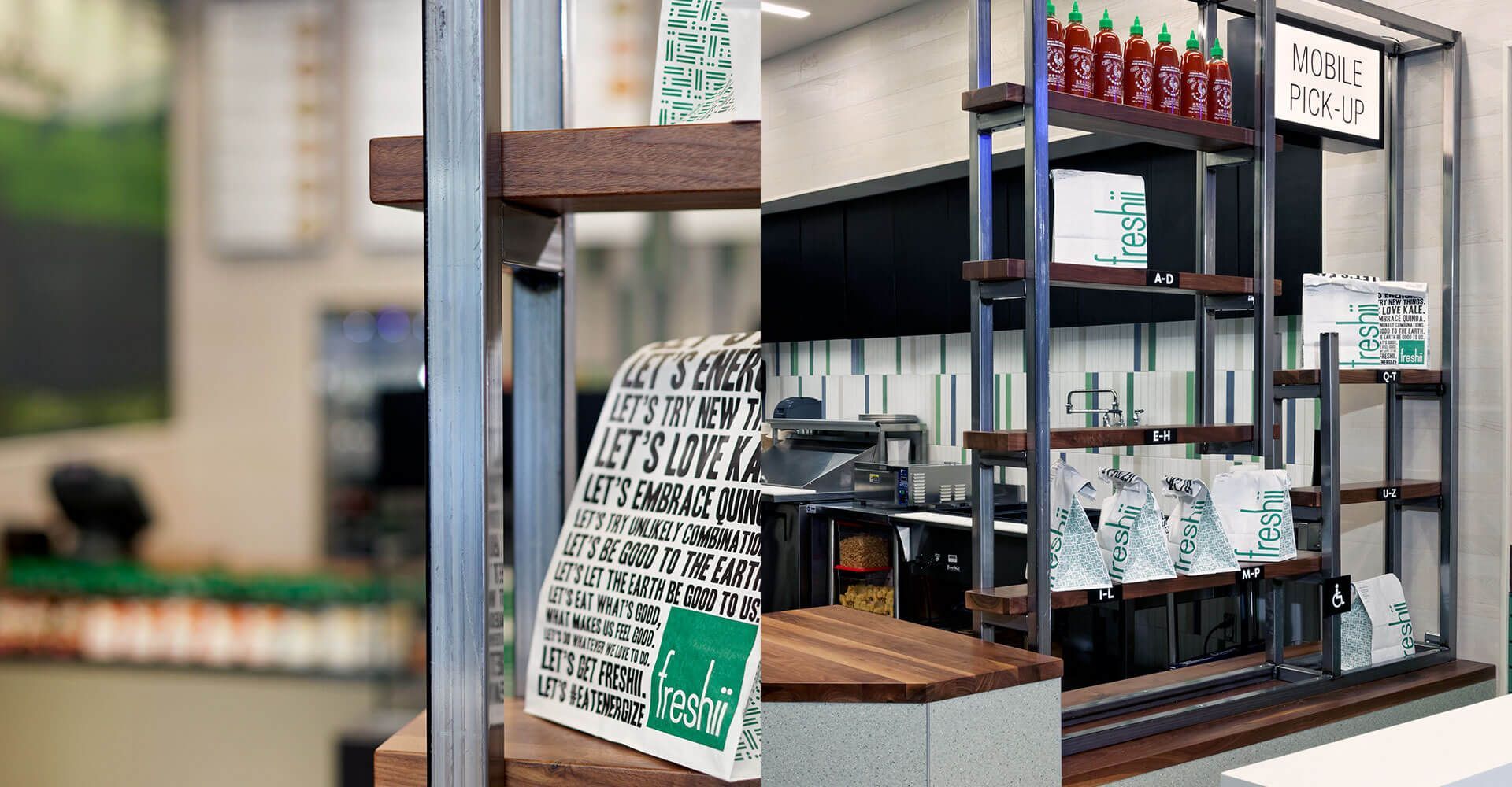 A collage of two pictures of a coffee shop , one of which is a shelf with bottles on it.