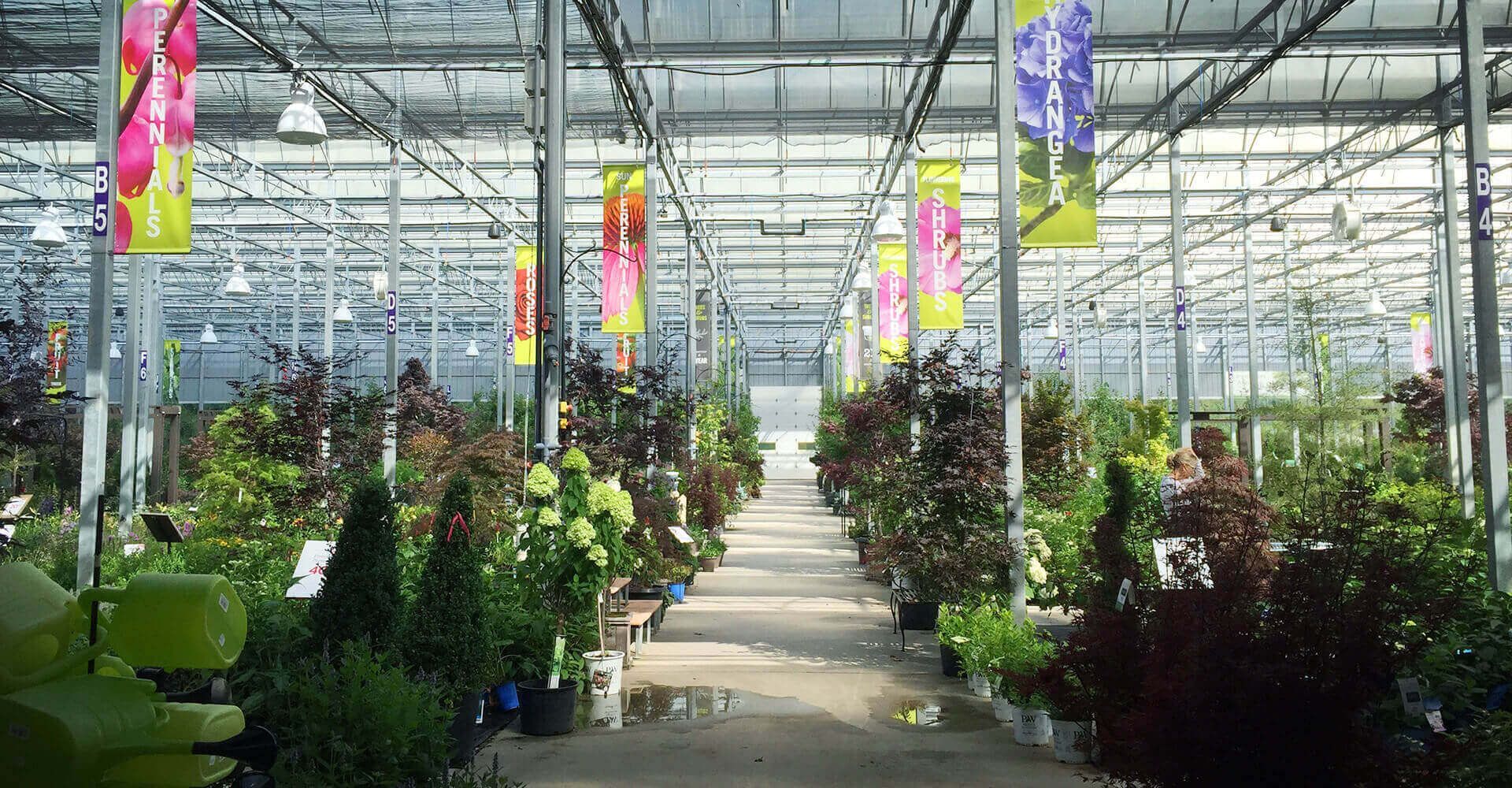 A greenhouse filled with lots of plants and flags hanging from the ceiling.