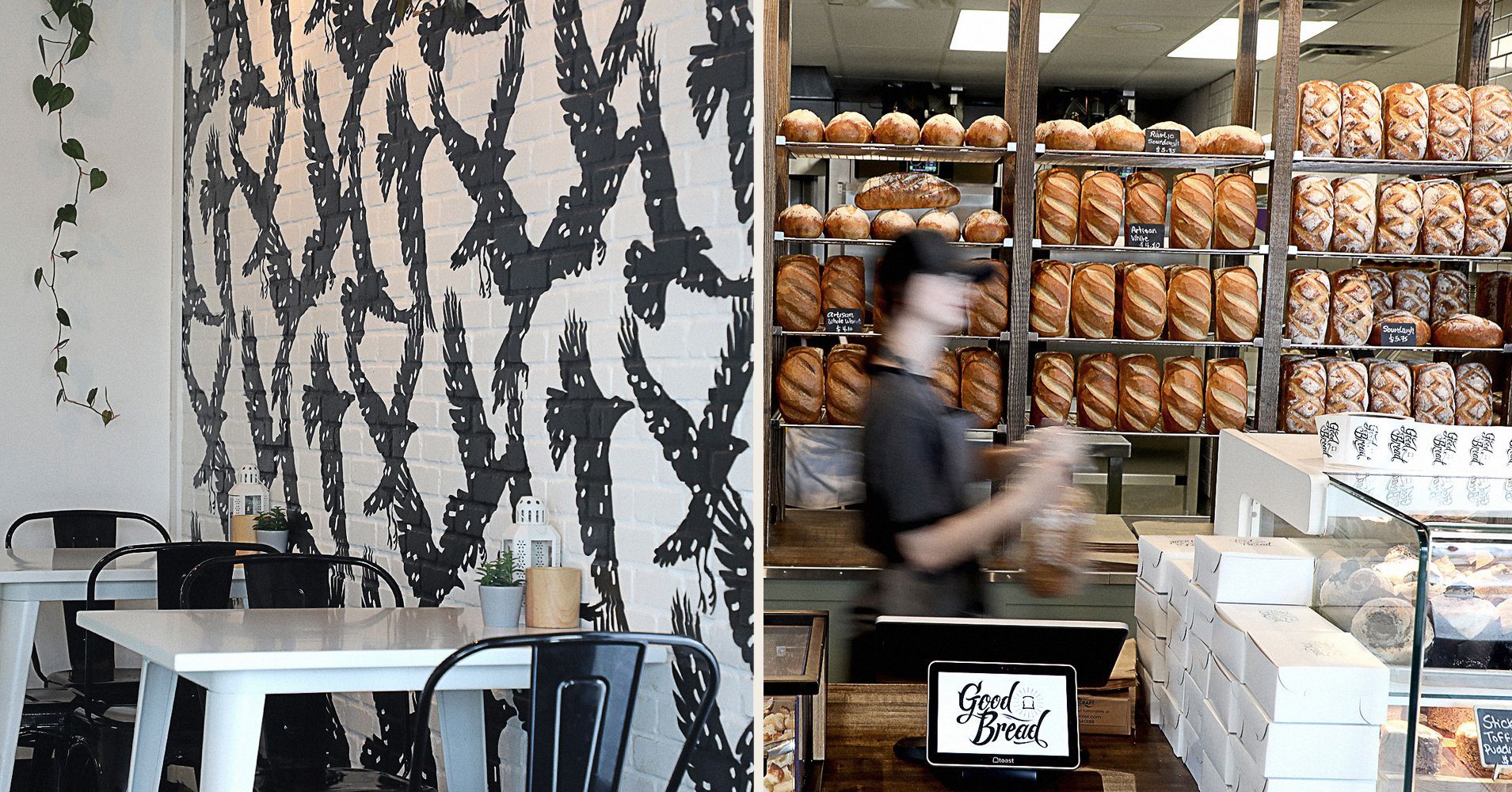 A man is standing in front of a counter in a bakery.