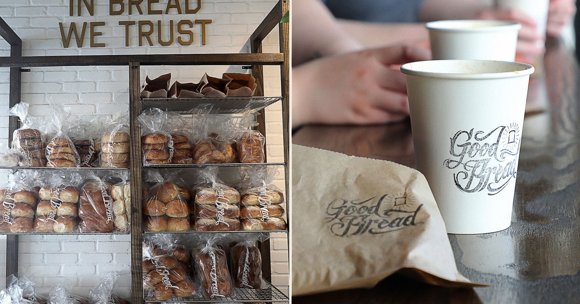 A bakery with a sign that says in bread we trust