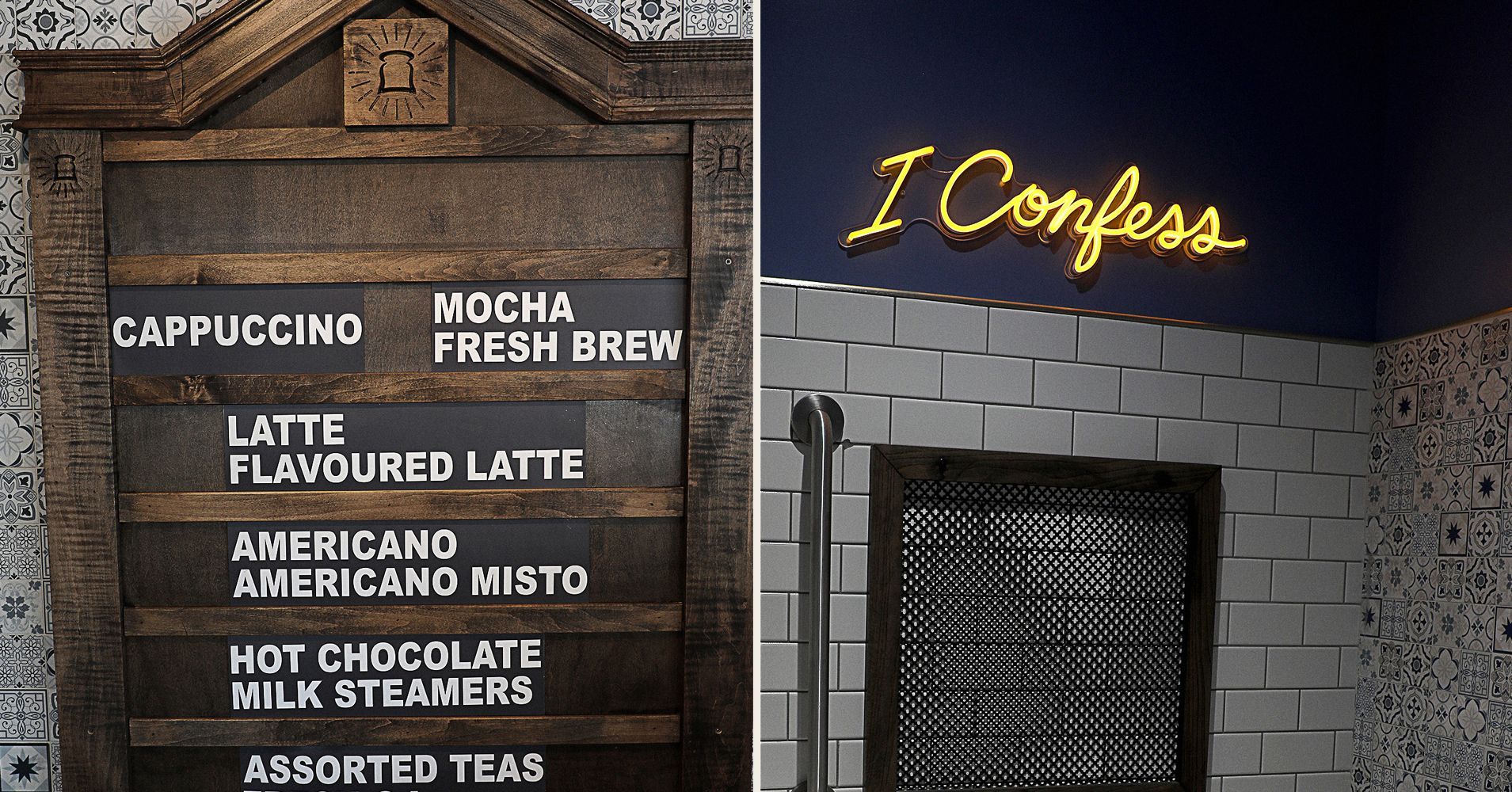 A sign that says i confess next to a sign that says cappuccino