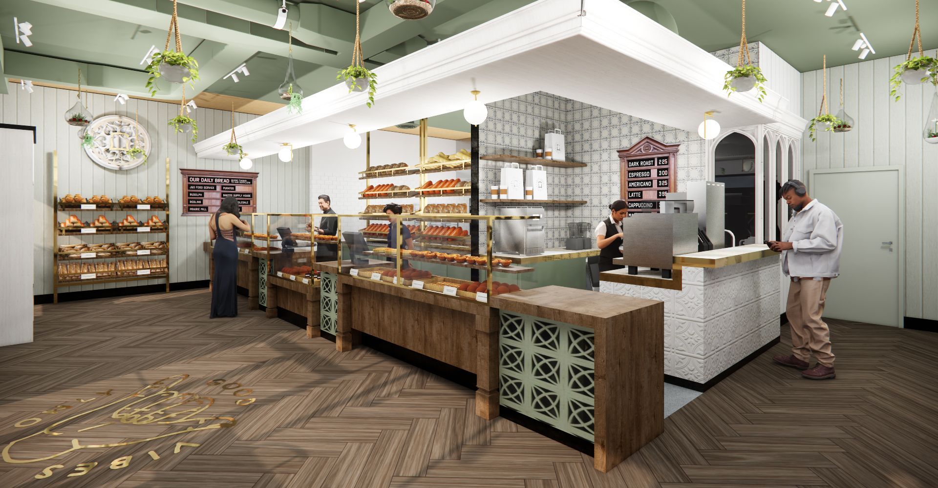An artist 's impression of the interior of a bakery.