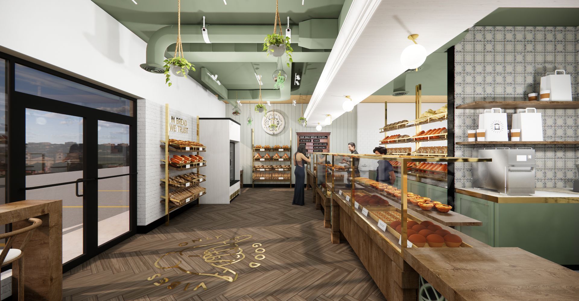 An artist 's impression of the interior of a bakery.