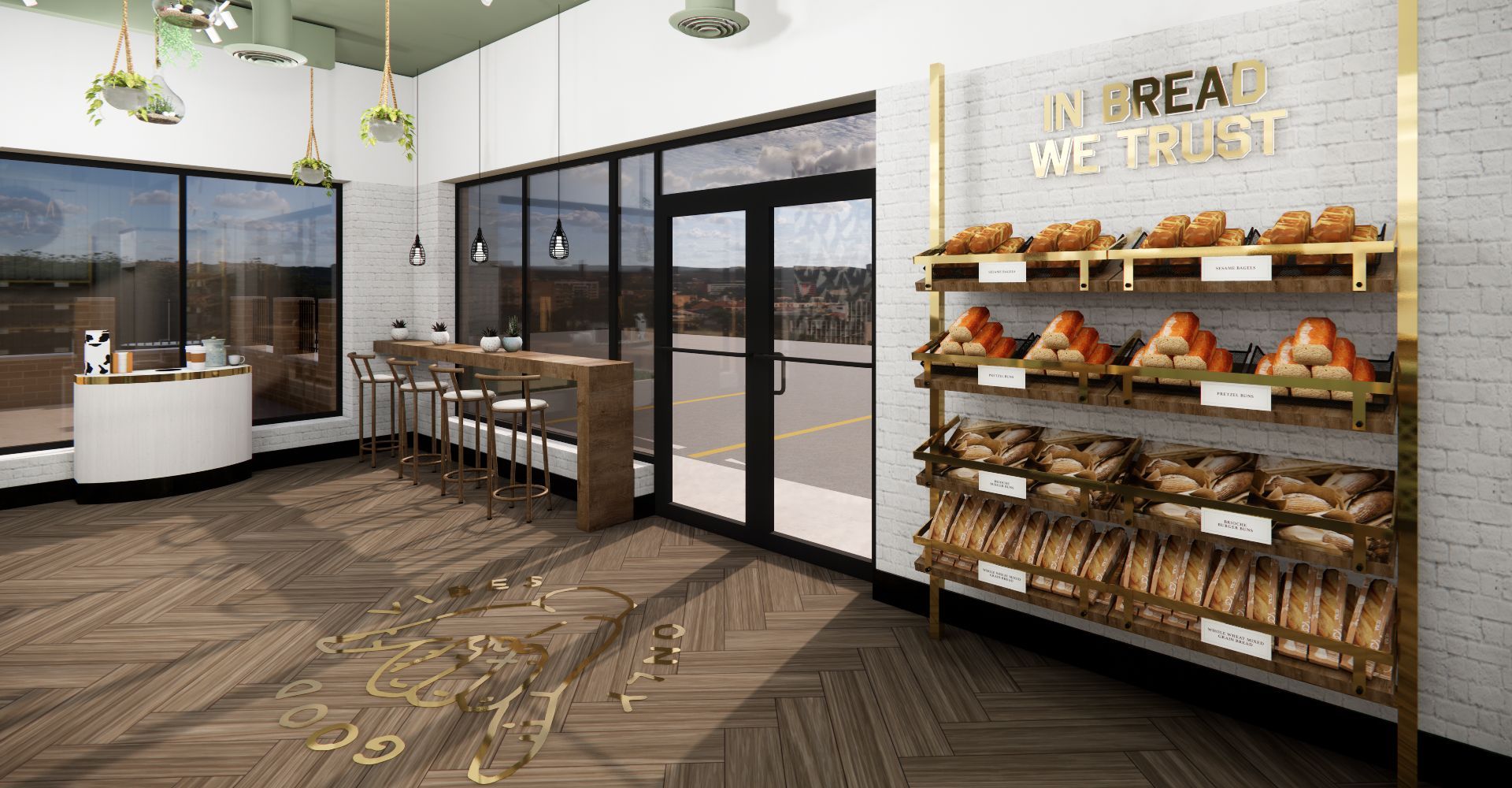 An artist 's impression of a bakery with a sign that says `` in bread we trust ''.
