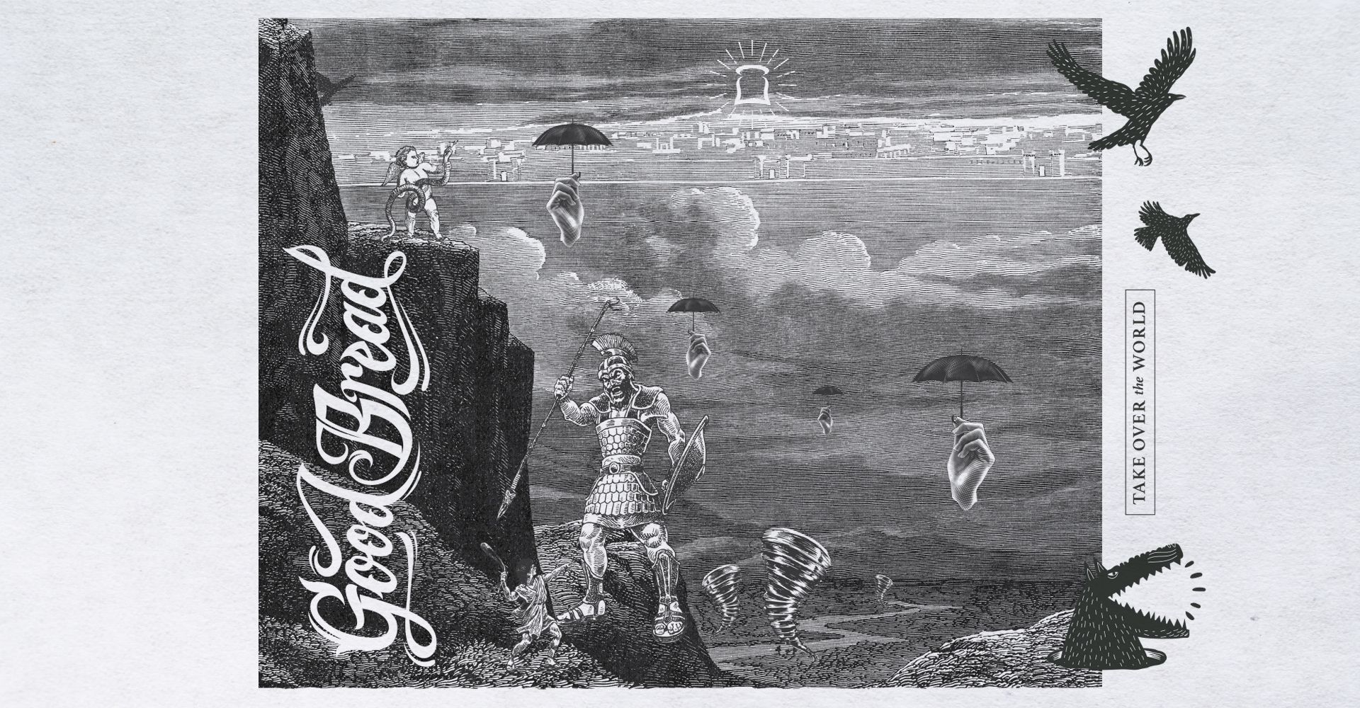 A black and white drawing of birds and the words good bread