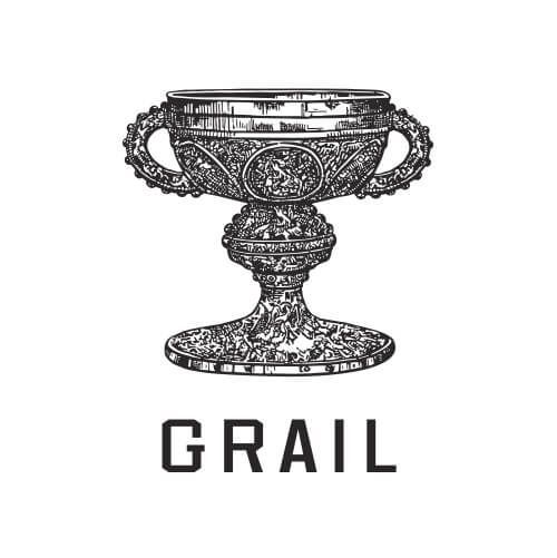 A black and white drawing of a chalice with the word grail below it.