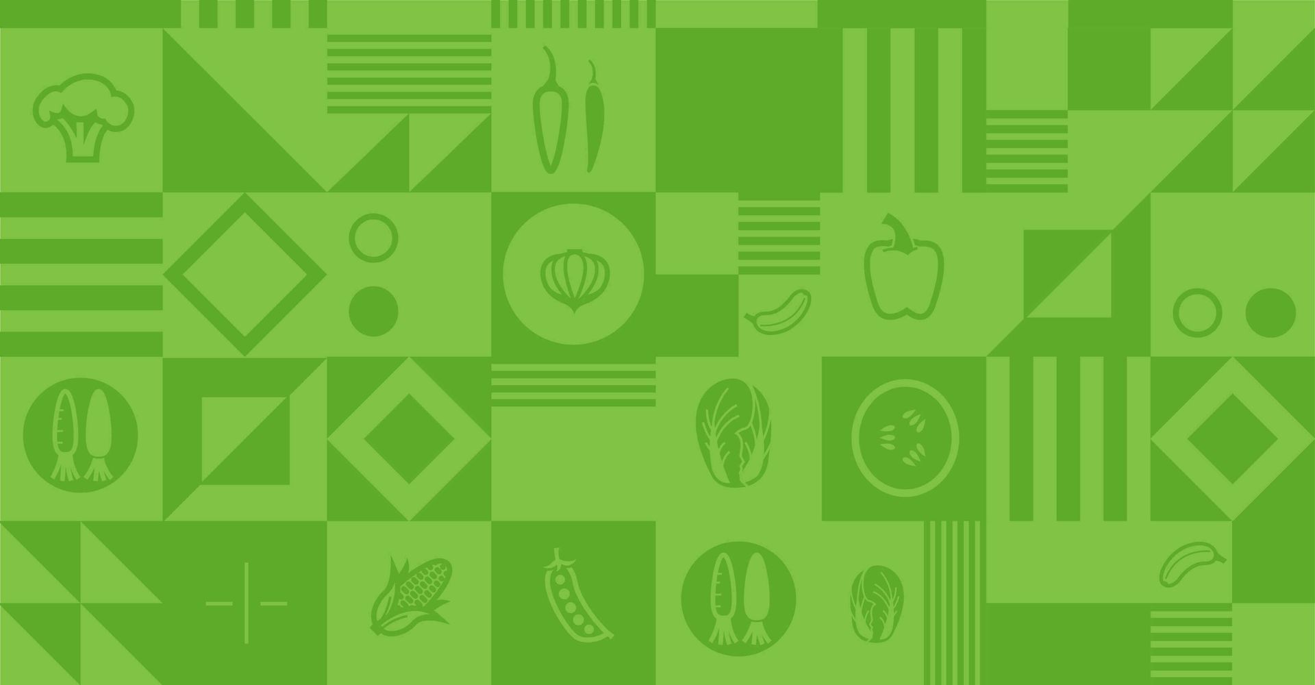 A green background with a pattern of vegetables and food icons.