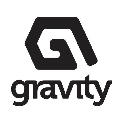 The gravity logo is black and white and looks like a swirl.