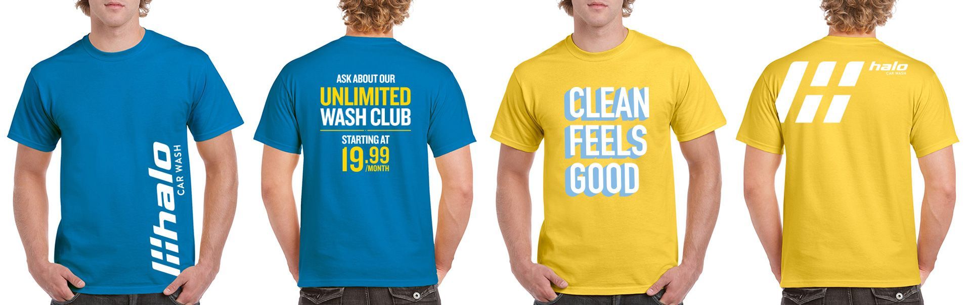 A man wearing a blue and yellow t-shirt that says clean feels good