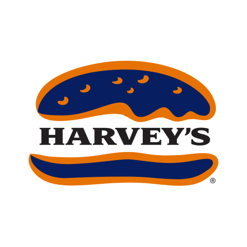 A blue and orange logo for harvey 's hamburgers