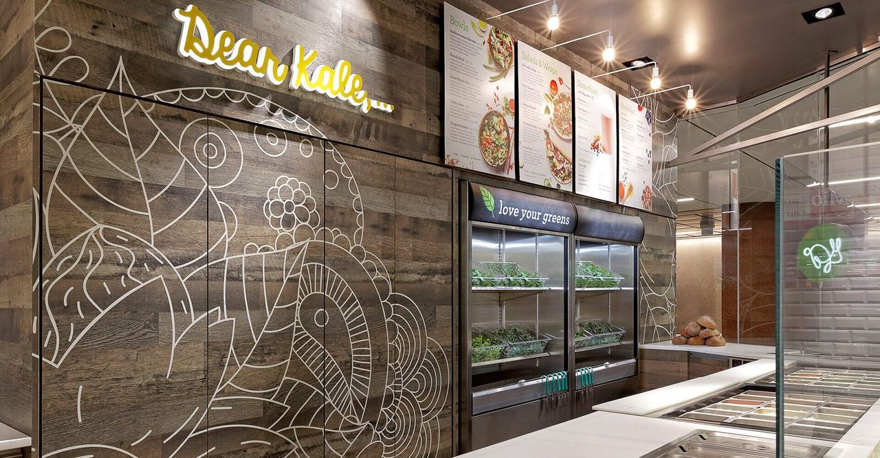 An artist 's impression of a restaurant with a chalkboard on the wall.