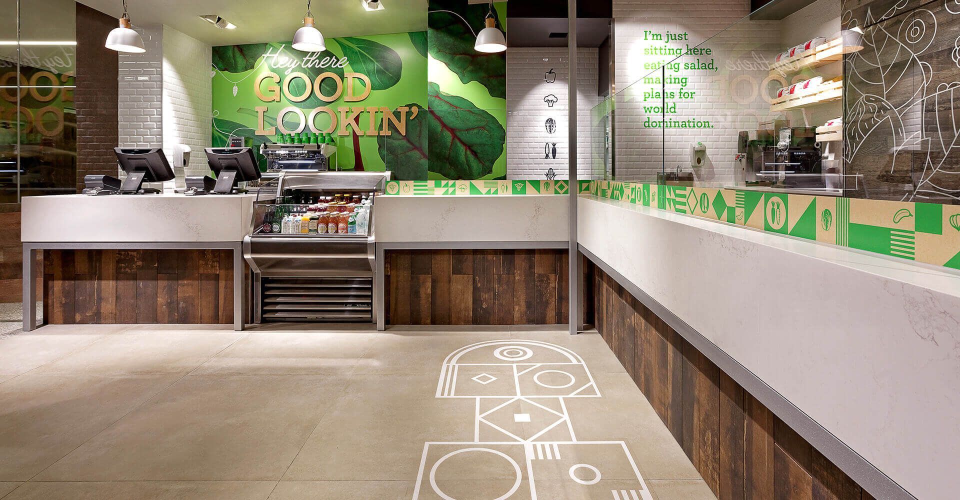 A restaurant with a hopscotch drawing on the floor.