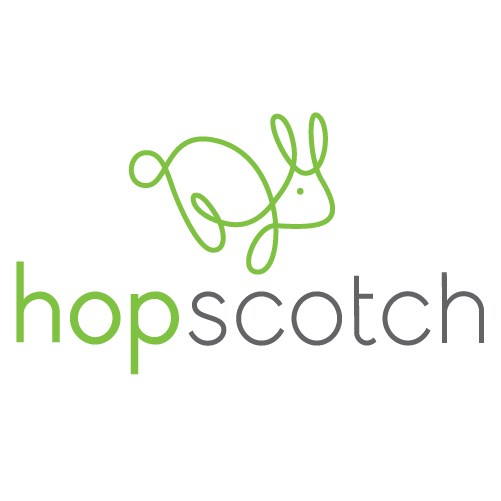 The logo for hopscotch has a green rabbit on it.