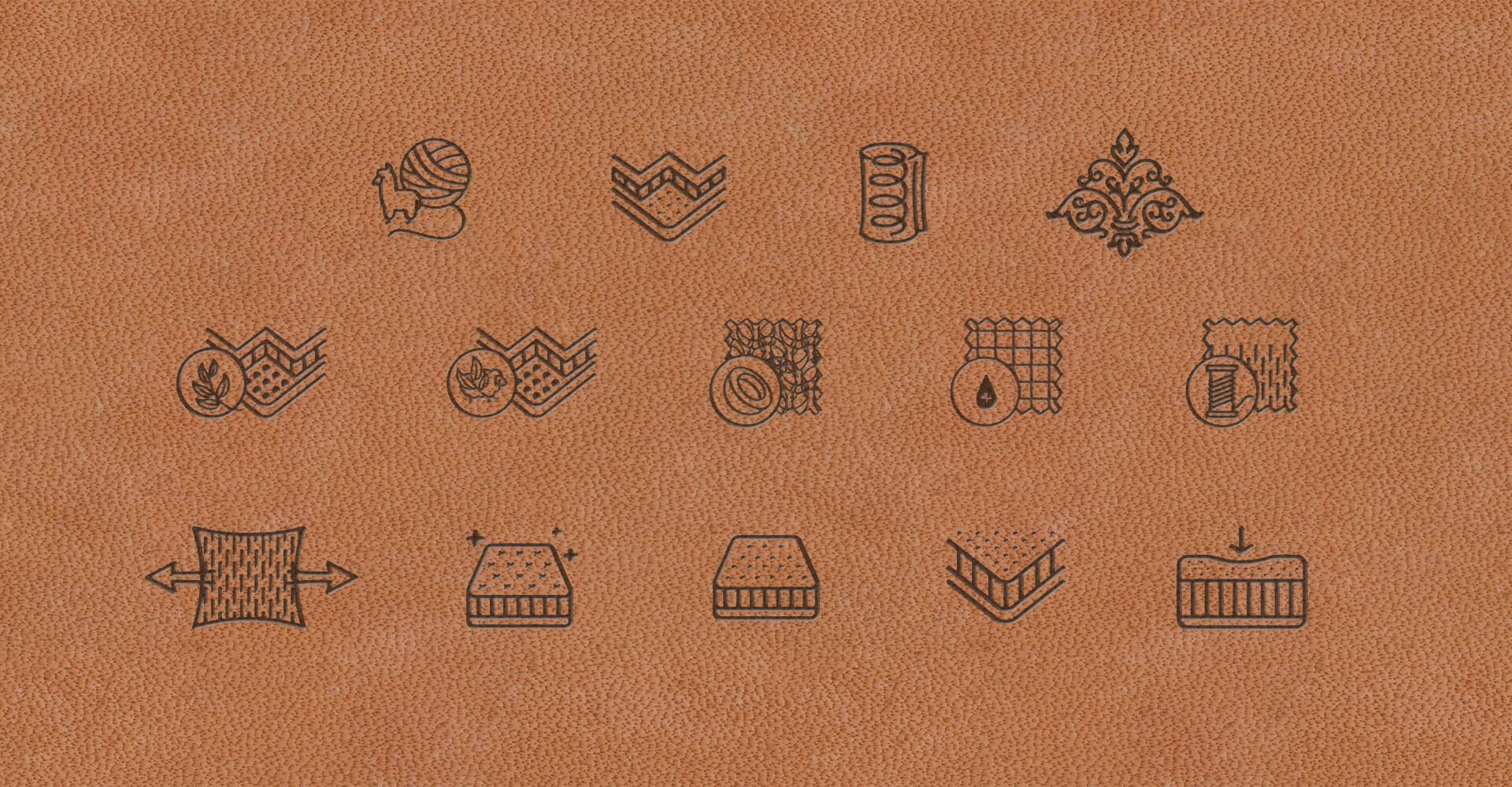 A set of icons on a brown background on a cork board.