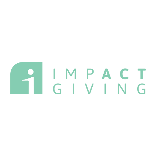 The logo for impact giving is a green logo with a person on it.