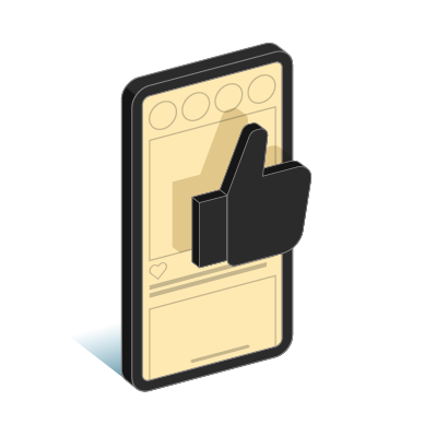 Isometric view of a phone displaying a social media post with a large, black thumbs-up icon.