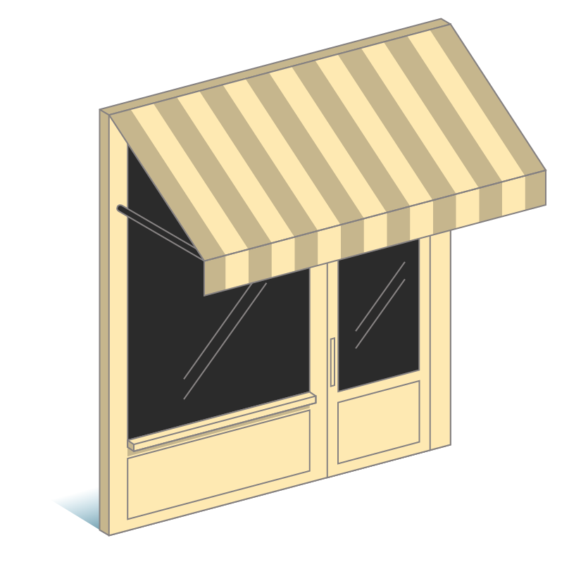 A small shop with a striped awning and glass windows.