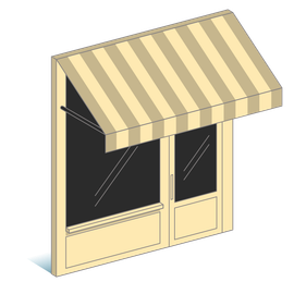 A small shop with a striped awning and glass windows.