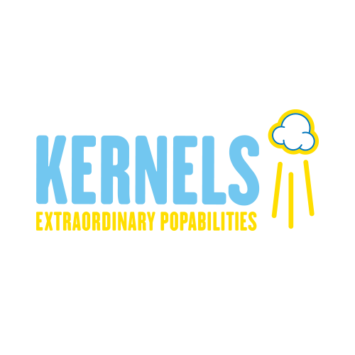The logo for kernels extraordinary popabilities is blue and yellow