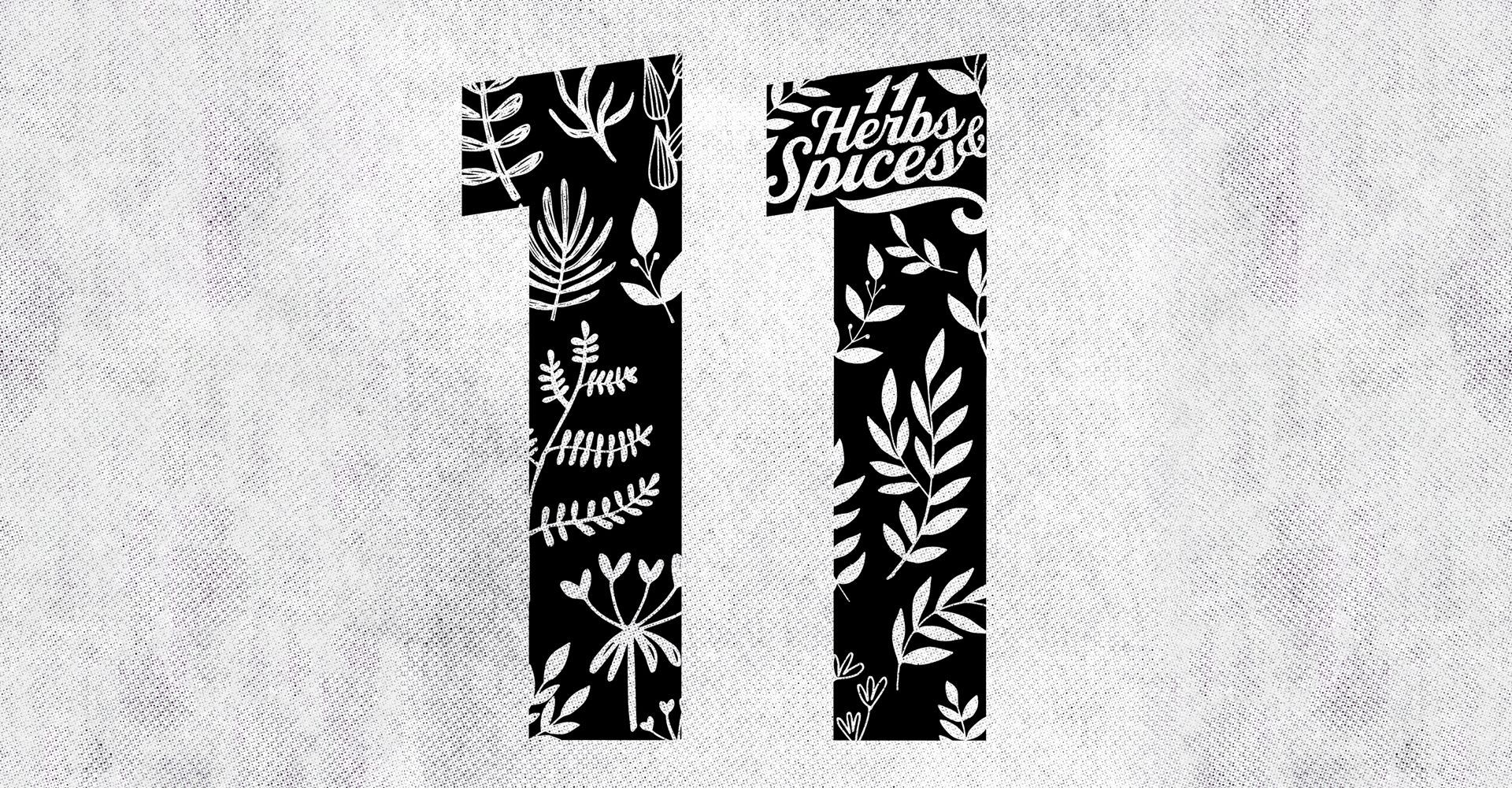 A black and white image of the number 11 with herbs and spices on it