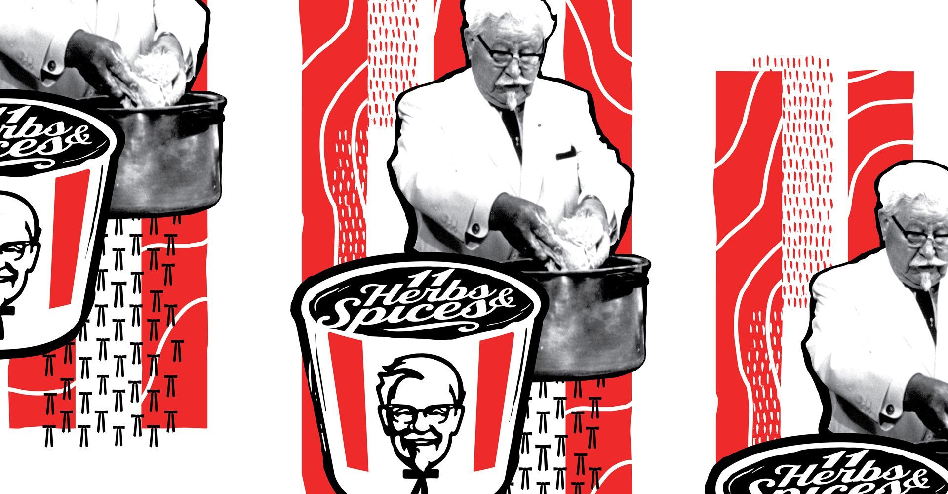 A black and white drawing of a man with a kfc logo