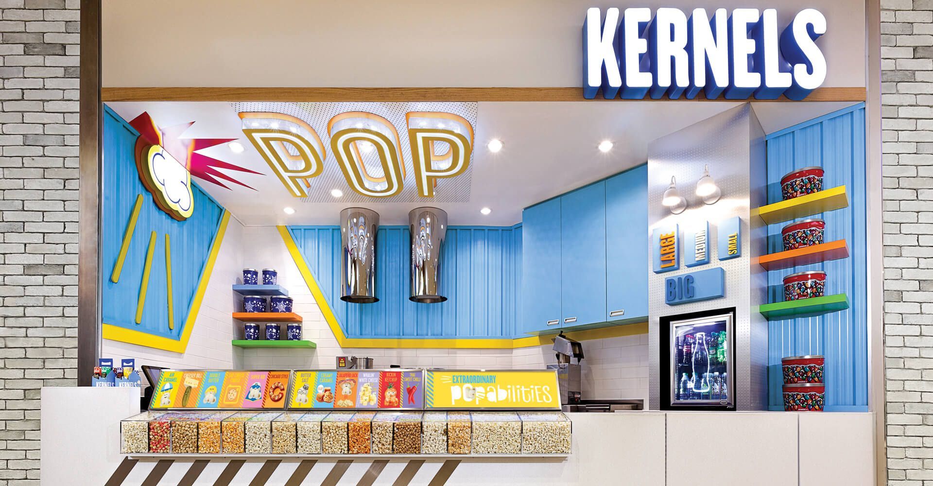 The inside of a store called kernels pop