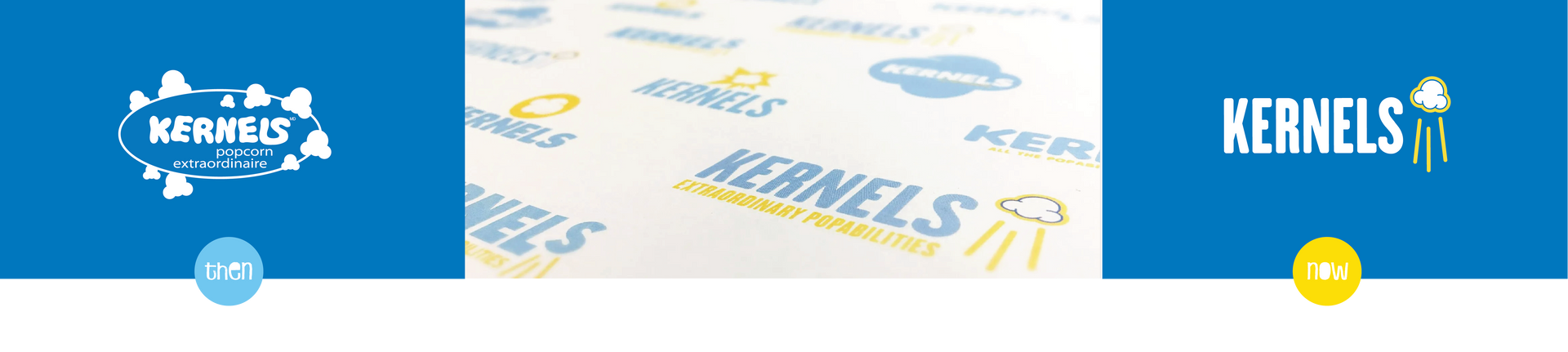 A blue and white logo for kernels popcorn on a blue background.