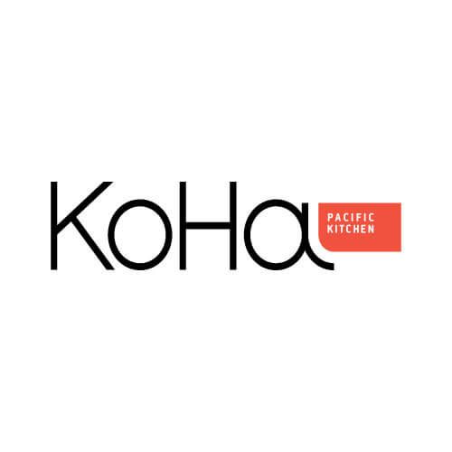 The kona pacific kitchen logo is black and red on a white background.