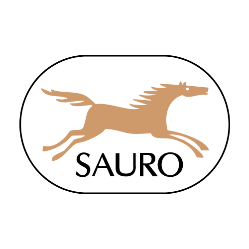 A logo for sauro with a horse running in a circle