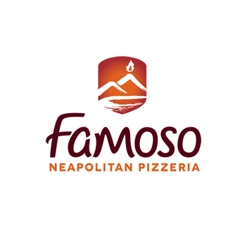 A logo for famoso neapolitan pizzeria with a mountain in the background