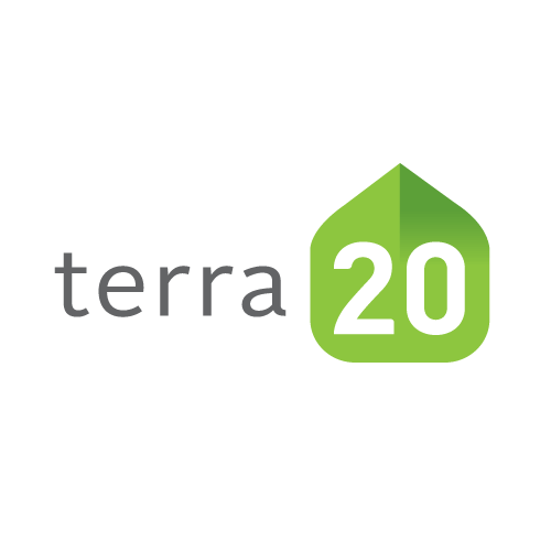 The logo for terra 20 is a green house with the number 20 on it.