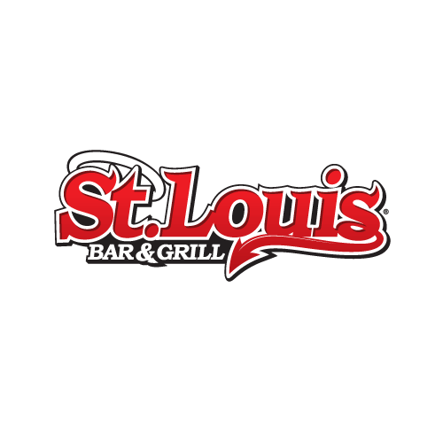 The logo for st. louis bar and grill is red and black.