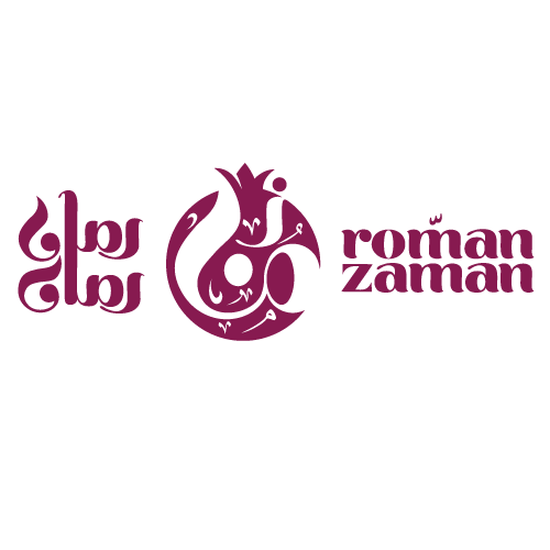 The logo for roman zaman is purple and has a pomegranate on it.