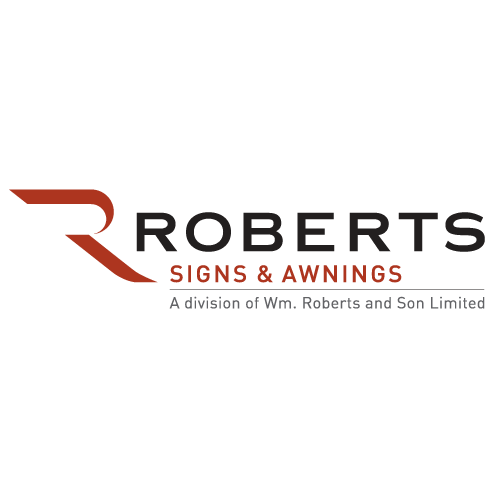 The logo for roberts signs and awnings is a division of wm roberts and son limited.