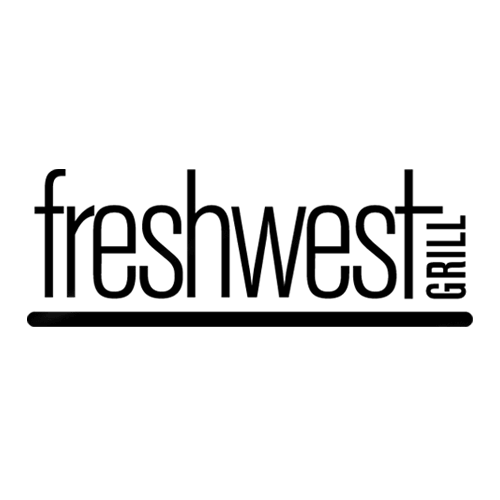 A black and white logo for freshwest grill on a white background.