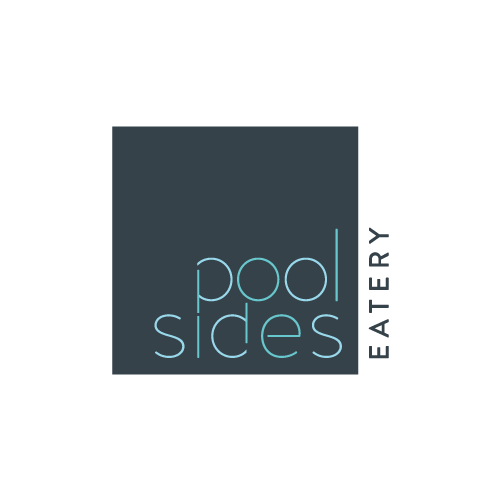 A logo for a restaurant called pool sides eatery.