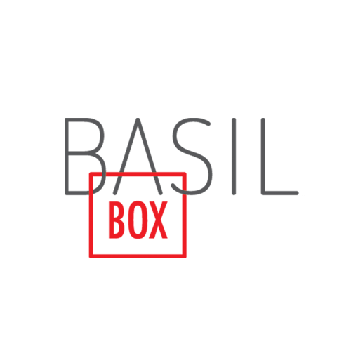 A logo for basil box with a red square in the middle.