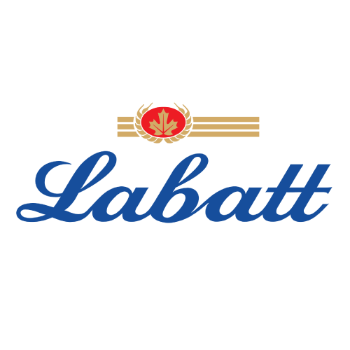 The logo for labatt is blue and gold with a maple leaf on it.