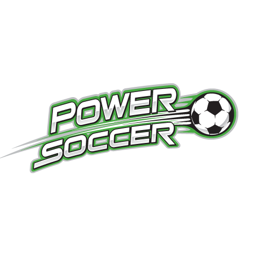 The logo for power soccer shows a soccer ball flying through the air.