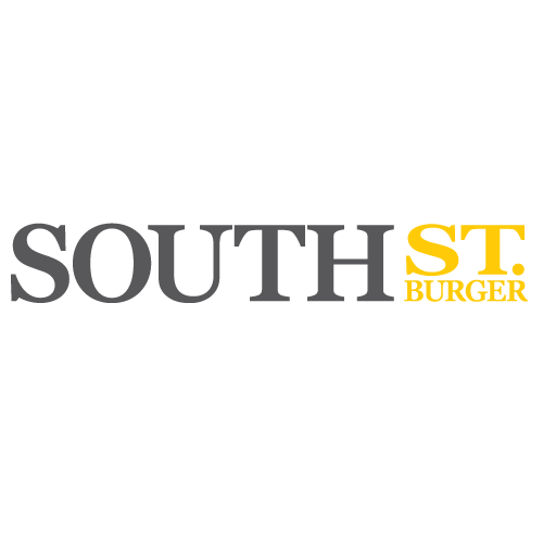 The logo for south st burger is black and yellow