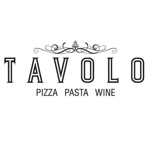 The logo for tavolo pizza pasta wine is black and white.